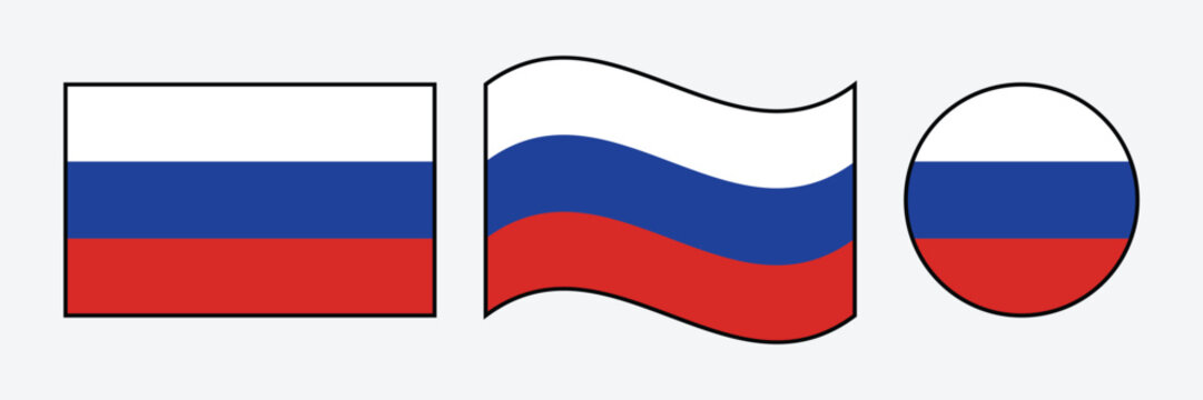 Russian Flag Icon Set with Black Stroke Outline Featuring Flat Rectangular Waving Wave and Round Circle Badge Vectors