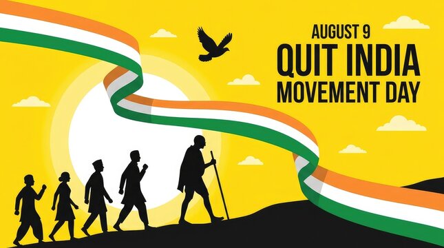 August 9 Quit India Movement Day banner featuring Mahatma Gandhi leading freedom marchers