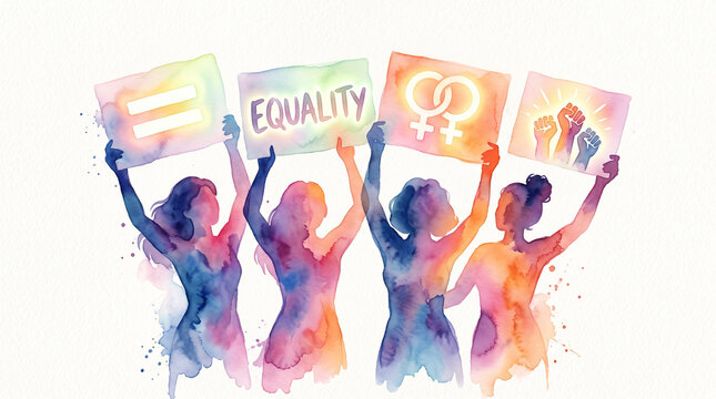 Watercolor Diverse Women Holding Equality Signs for Inclusion and Human Rights Illustration