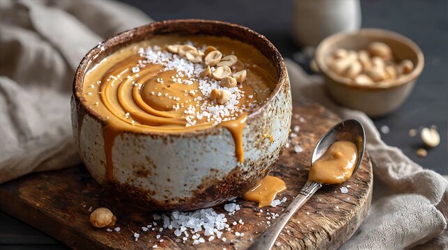 Rich peanut butter pudding dessert served in a rustic bowl with a sprinkle of sea salt
