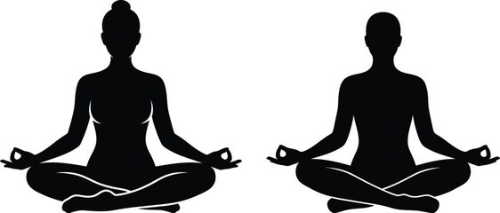 Two figures in meditation pose with mudra hands on white background vector icon for wellness