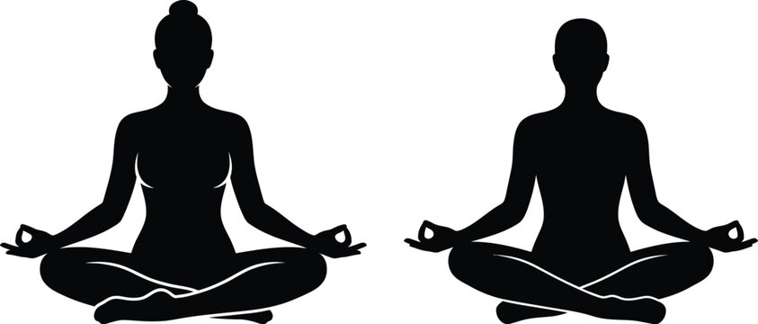 Two figures in meditation pose with mudra hands on white background vector icon for wellness