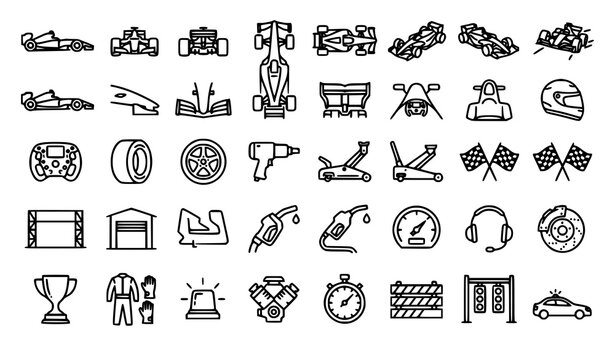 Motorsport Racing Icon Set with Formula Car Helmet Tire Trophy Finish Flag Pit Stop Garage Track Vector Collection