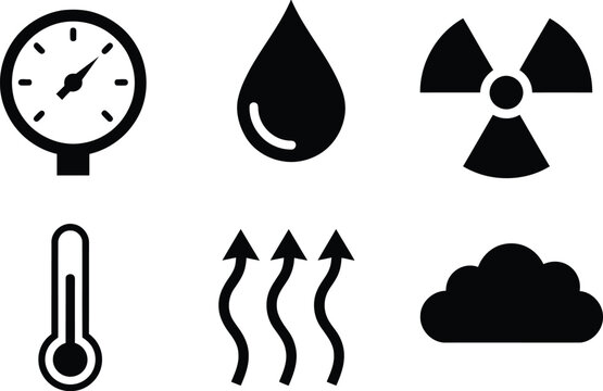 Environmental condition icons including pressure gauge water droplet radiation hazard thermometer heat and cloud