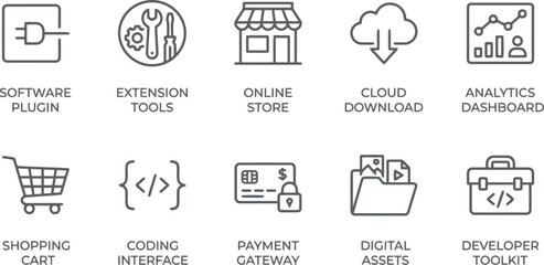 Fototapeta premium Set of Outline Icons for Software, Business, and Technology Concepts