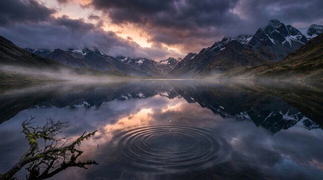 Mountain lake with ripples and dramatic sky reflection