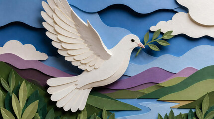 Obraz premium Paper Cut Dove with Olive Branch over Layered Landscape