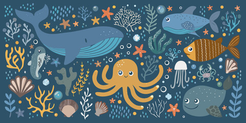 Marine Life Illustration With Whales Octopus And Fish © Juran