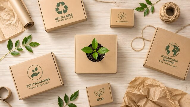 Flat lay of eco packaging boxes with sustainable shipping logos and a green plant growing from the center on a wooden table.
