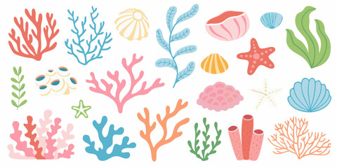 Underwater Flora And Shells Pastel Vector Illustration On White Background © Juran
