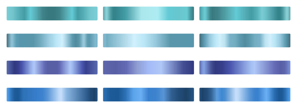 Teal, blue and violet metal gradient swatch set. Turquoise, cyan, aqua, periwinkle, indigo foil shades. Glossy horizontal bands. For badge, label, ribbon, banner. Vector metallic texture palette.