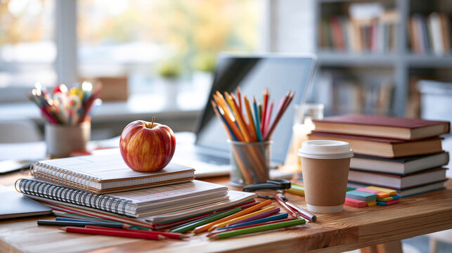 Teacher planning lessons with laptop and notebook. Educator organizing curriculum and study materials on wooden desk.