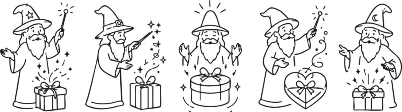 Set of cute wizards with magic wands and gift boxes, line art style illustration