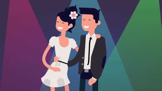 2D Animated Bride and Groom Standing Together Under Stage Lights at Wedding Reception Flat Vector Character Animation Footage
