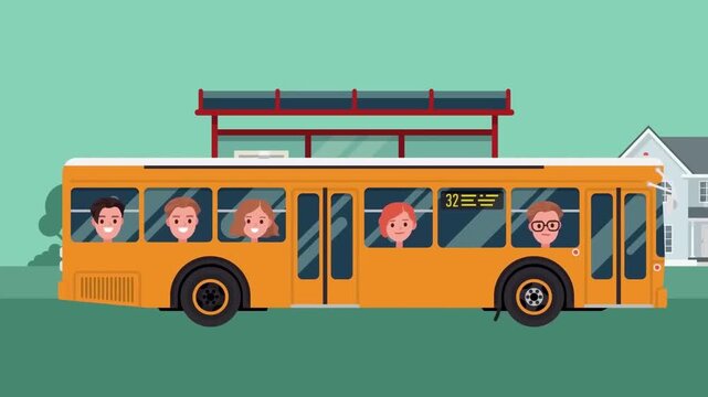 2D Animated Yellow Bus Driving on City Road Transporting Passengers Flat Vector Character Animation Footage
