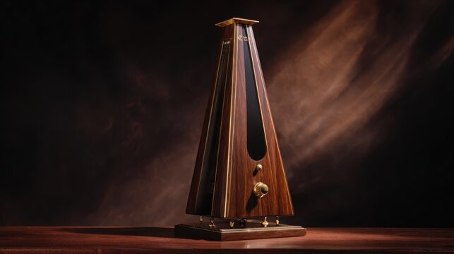 Premium wooden metronome with sculptural Art Deco silhouette, walnut veneer, brass accents and ebony details, photographed full frame under dramatic