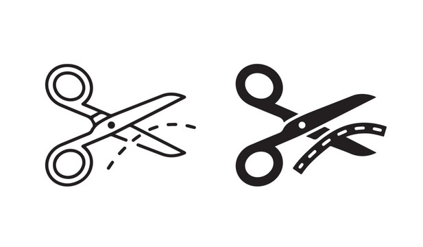 Scissors cut line icon set, open and closed scissor positions with dashed cutting paths, coupon border sign icons, line cutting vector illustration.