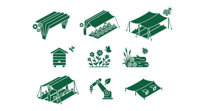 Climate-Resilient Agriculture Icons: Greenhouse, Robot, Beehive