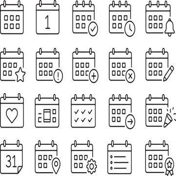 Set of twenty hand drawn calendar icons for business schedule planning