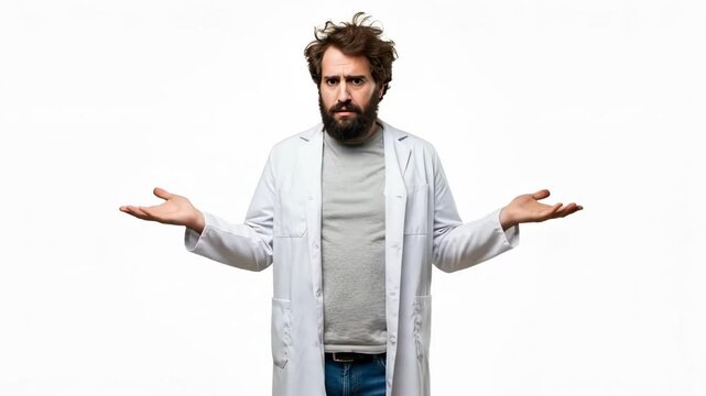 A confused male doctor expressing uncertainty with a shrug in white coat
