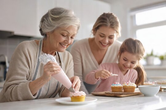 Grandmother, mother, and daughter decorate cupcakes together in bright kitchen, joyful family moment