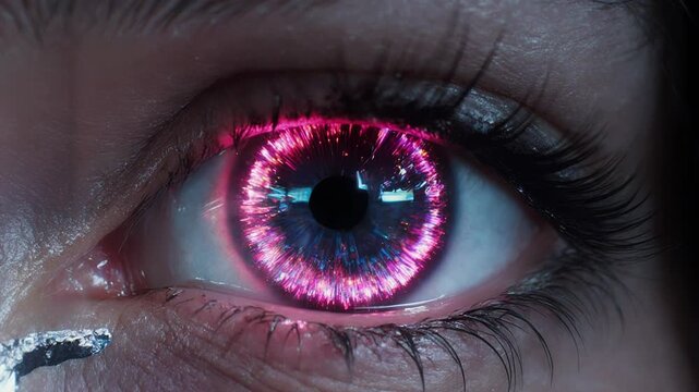 Close-up of a human eye with vibrant pink and blue iris colors, showcasing a progressive visual transformation with intricate details and reflections in the pupil