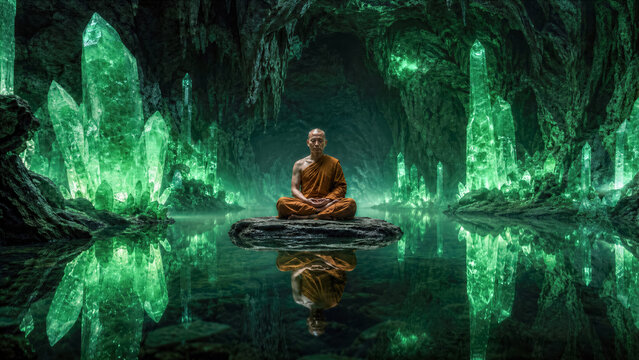 Buddhist monk meditating on a flat rock inside an underground cave surrounded by massive glowing emerald crystals