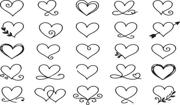 Set of hand drawn heart sketches for love and romantic design projects