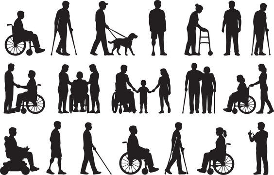 Silhouettes of people with disabilities and mobility aids