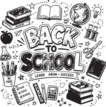 Back to school hand drawn doodle set with education supplies and books