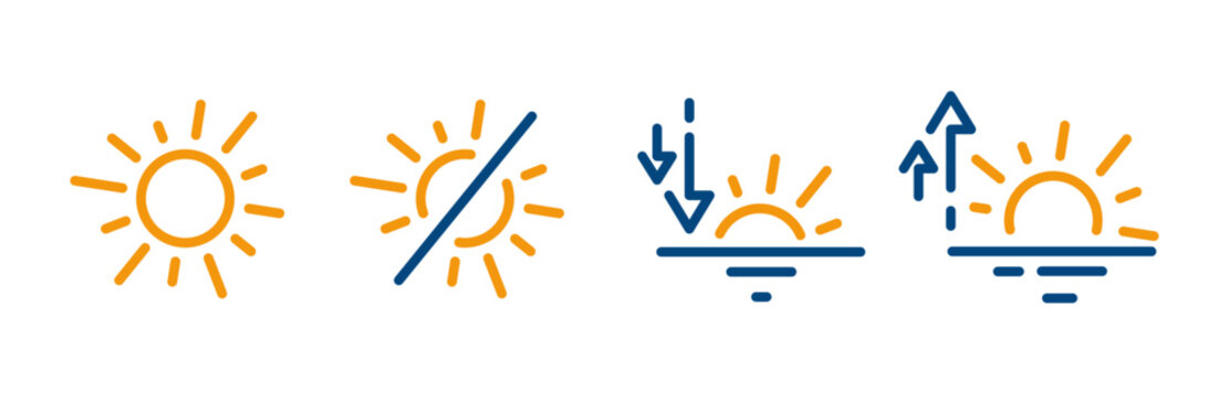 rising and setting sun icons, symbol day, no sun, icon set of the time of day, blue and yellow colors, linear vector art on white
