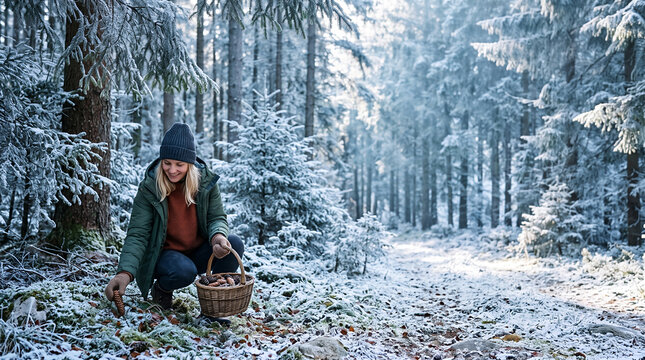 Blonde woman foraging pine cones in frosty winter spruce forest path