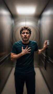Man experiencing panic attack in elevator. Scared person feeling anxiety and dizziness in confined space. Claustrophobia concept and psychological distress. Mental health struggle situation.