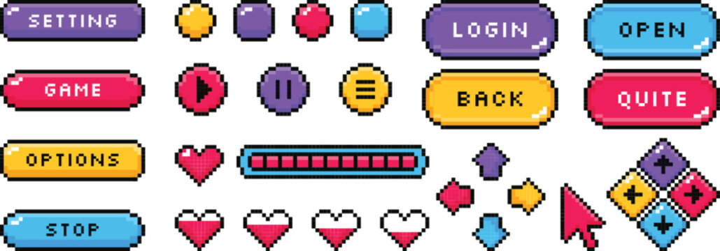 Pixel art game user interface ui kit buttons login setting options loading bar vector
