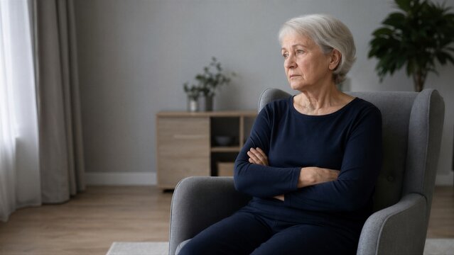 Senior woman sitting in armchair with arms crossed feeling sad. Portrait of lonely elderly lady experiencing depression or solitude. Mental health and social isolation in old age.