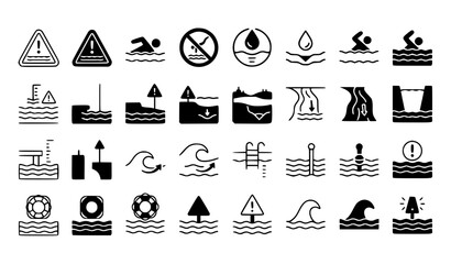 Deep Water Warning Signs Outline and Solid Fill Safety Vector Icon Collection © MD