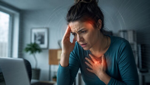 Woman suffering from migraine and chest pain while working on laptop. Health problem and high stress level in home office. Medical concept showing physical symptom of anxiety and fatigue.