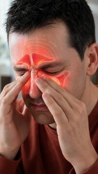 Man suffering from sinus pain. Person touching bridge of nose with highlighted nasal cavity showing inflammation. Medical visual concept of sinusitis, allergy, congestion, and headache.