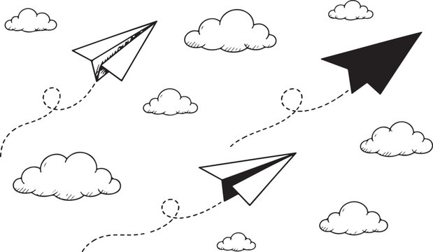 Hand drawn paper airplanes flying through fluffy clouds