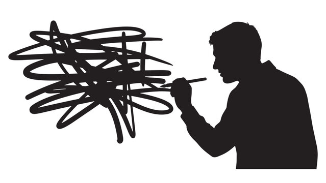 Frustrated man scribbling chaotic lines while holding a pen, expressing stress, confusion, and creative block