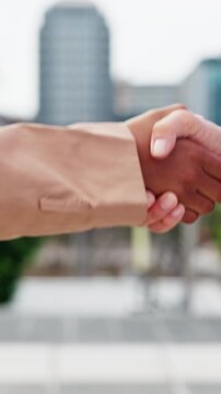 Business, people and city with handshake for meeting, introduction or partnership together. Employees, colleagues or shaking hands with deal, greeting or b2b for agreement or thank you in urban town