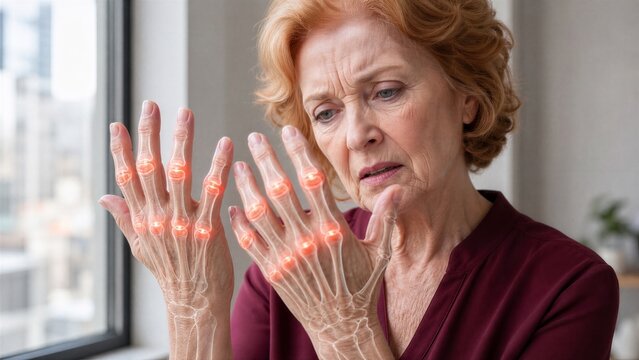 Senior woman feeling pain in hand with highlighted joints. Arthritis symptoms and inflammation showing skeletal structure. Medical condition diagnostics for elderly person healthcare.