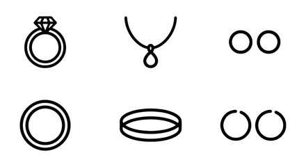 Jewelry Icons Set, Precious Gemstone Ring, Pendant Necklace, Hoop Earrings, Simple Line Art Collection, Elegant Accessory Graphics © Ratul