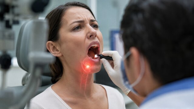 Man doctor examining woman patient throat in medical clinic. Otolaryngologist checking inflammation with flashlight. Healthcare diagnostic concept and professional medical checkup procedure.