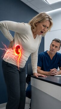 Woman suffering from severe kidney pain in doctor office. Male physician observing patient with renal ache. Nephrology health problem, anatomy visualization and medical treatment concept.