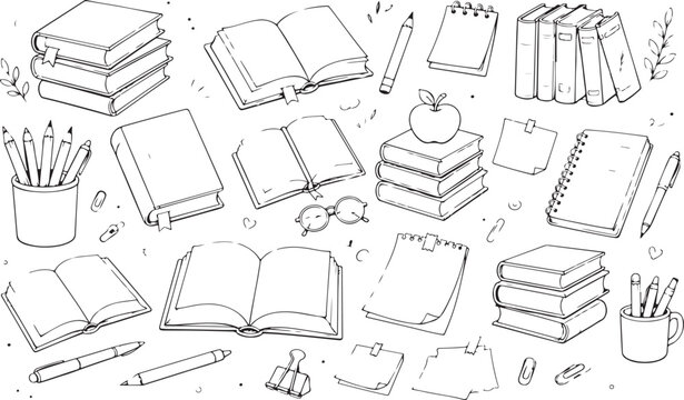 Hand drawn school stationery and books sketch collection