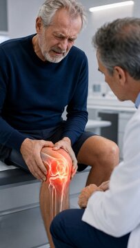 Senior man expressing knee pain during consultation with doctor in office. Physician examining patient with graphic overlay of skeletal joint. Healthcare diagnostics and medical treatment.