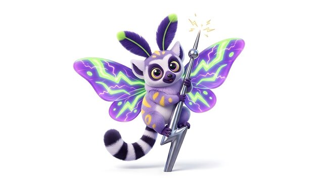 Cute purple fantasy lemur with butterfly wings holding lightning rod