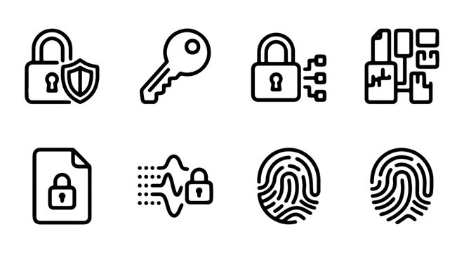 Cybersecurity Icon Set: Digital Padlock, Key, Biometric Fingerprint, Data Encryption, Secure Document, Network Firewall Icons for Online Safety and Data Protection