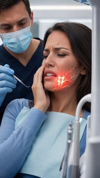 Dentist examining woman with toothache in dental clinic. Patient suffering from dental pain with glowing nerve illustration. Professional oral healthcare and treatment for cavity pain.